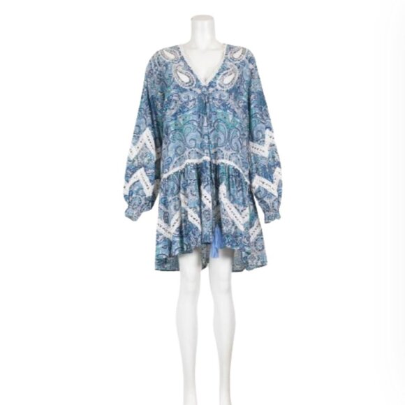 Miss June Kiara Mini Dress Womens Small Medium Blue White Paisley V-Neck Tassels - Picture 11 of 11
